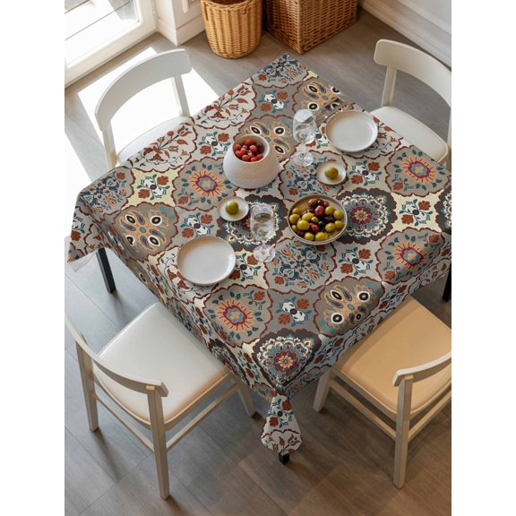 Abstract Flower, Tablecloth Square Table Cloth 54x54, Waterproof Tablecloth Outdoor Table Cloth, Oriental Bohemia Brown Geometric Leaves Washable Table Cover for Kitchen Dinning Party