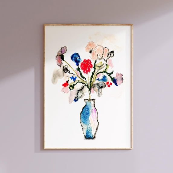Abstract Flower Wall Art Prints, Mixed Media Floral, Vase, Oil Pastel ...