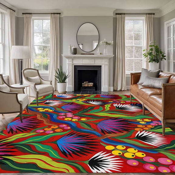 Abstract Flowers 6'x9' Area Rug for Living Room, Spring Botanical Floral Leaf Plant Red Non-Slip Floor Mat Rugs for Bedroom Dining Room, Indoor Large Carpet for Classroom, Nursery Rugs for Playroom