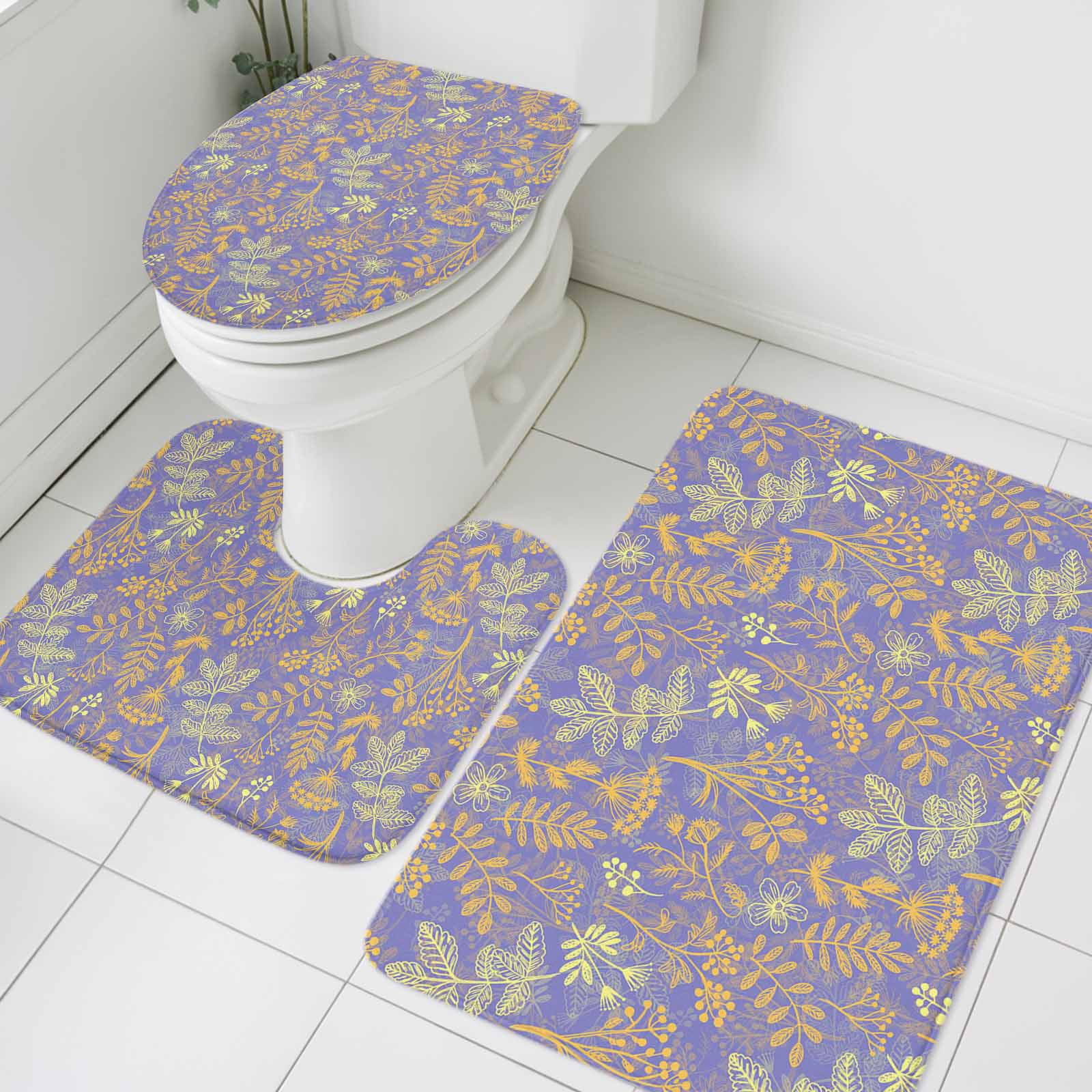 Abstract Flowers Bathroom Rugs Set Orange Yellow Dandelion Lavender ...