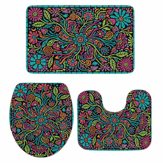 Abstract Flowers Bathroom Rugs Set Retro Abstract Blue Pink Orange Floral Leaf Blue Non Slip Absorbent Soft Bath Mats 3 Piece Set with Bathroom Rug, U-Shaped Floor Mat, Toilet Seat Cover Small Size
