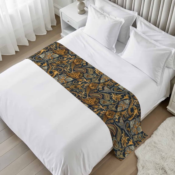 Abstract Flowers Bed Runner Scarf, Retro Paisley Floral Pattern Black Orange Twin Bed Scarf Runner, No Fading Decorative Bedding Scarf for Bedroom Hotels Homes and Guestrooms