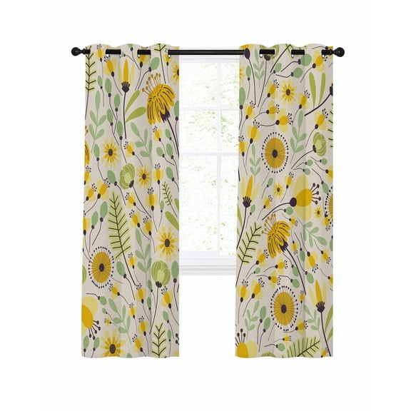 Abstract Flowers Blackout Curtains for Bedroom Living Room, Yellow Green Floral Leaf Retro Botanical 39 In Long Thermal Insulated Room Darkening Drapes Grommet Window Treatments, 27.5 x 39 In
