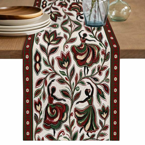 Abstract Flowers Cotton Linen Table Runner for Dining Kitchen, Modern Geometric Chic Red Green Striped Wedding Outdoor Party Tablerunners, Dresser Scarf Coffee Tablecloth Runners 13x60 Inches