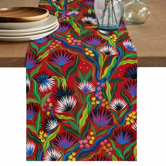 Abstract Flowers Cotton Linen Table Runner for Dining Kitchen, Spring Botanical Floral Leaf Plant Red Wedding Outdoor Party Tablerunners, Dresser Scarf Coffee Tablecloth Runners 13x108 Inches