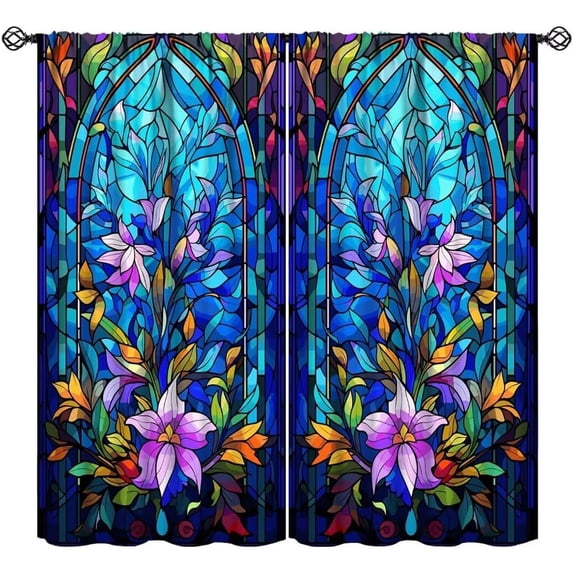 Abstract Flowers Curtains, Colorful Stained Glass Purple Floral Leaves ...