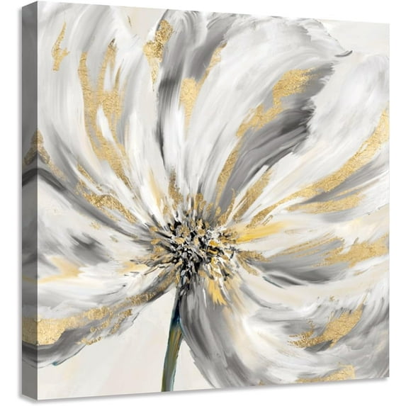Abstract Flowers Decor Wall Art White Floral with Gold Gray Picture Canvas Print for Bathroom Bedroom with Framed 12"x12"
