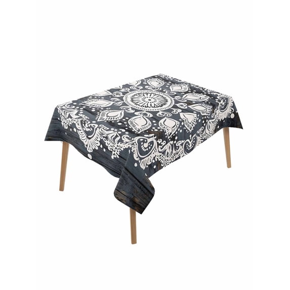 Abstract Flowers Ethnic Table Cloth 60x84 Inch Rectangle, Blue Wood Grain Waterproof Tablecloth Washable Table Cover for Party Picnic Dinner Decor