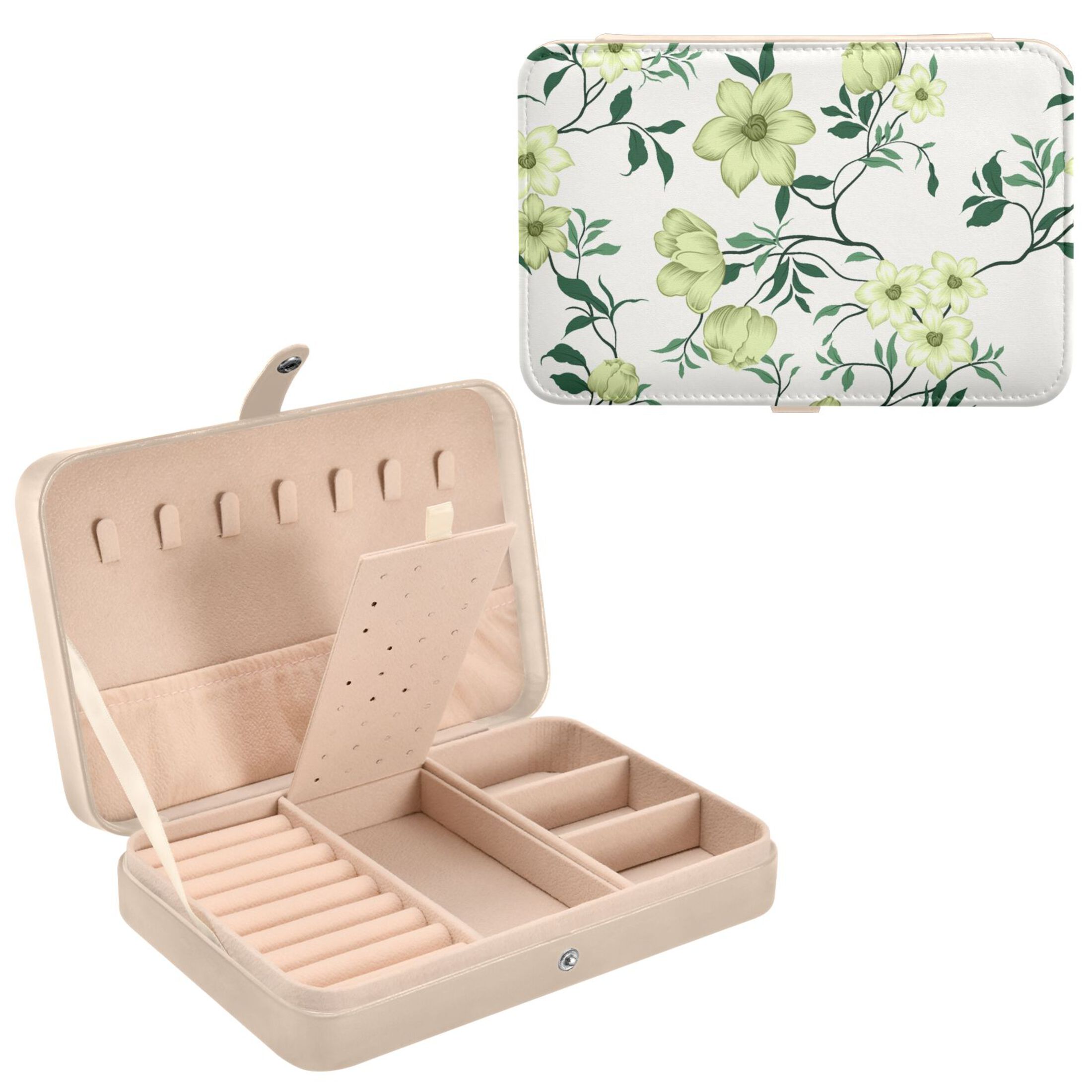 Abstract Flowers Green Floral Jewelry Box PU Leather Travel Small