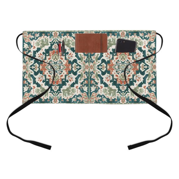 Abstract Flowers Half Waist Apron Red Green Vintage Medieval National Style Short Waiter Aprons with 3 Pockets for Women Men Kitchen Restaurant Cooking