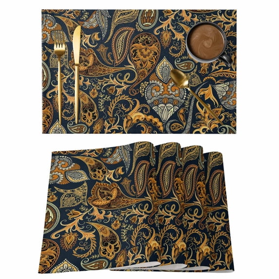 Abstract Flowers Placemats Set of 1, Retro Paisley Floral Pattern Black Orange Non-Slip Place Mats Washable Table Mats for Kitchen Dining Table Decorations Indoor/Outdoor