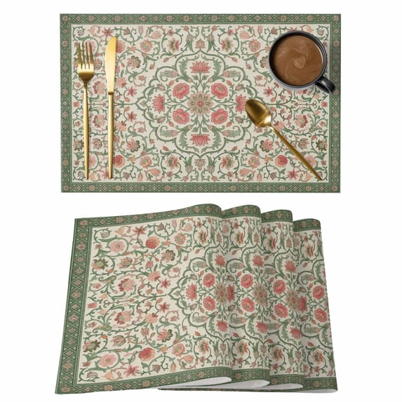 Abstract Flowers Print Placemats Set of 4 Retro Bohemia Ethnic Botanical Style Place Mats Indoor Wipeable Table Mats Washable Cloth Dining Table Placemats for Kitchen Holiday Party Decor 13x19 Inch