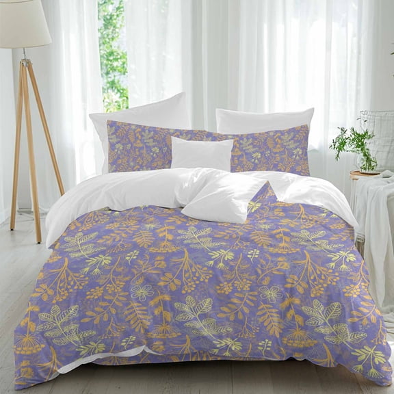 Abstract Flowers Queen Size Comforter Set, Orange Yellow Dandelion Lavender Plant Purple Bedding for All Seasons, 4 Pcs Bed Set, 1Quiltcover (90"x92") ,1Sheet(94"x116"), 2Pillowcases (30"x20")