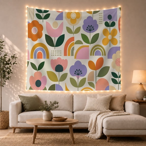 Abstract Flowers with Rainbow Arches on Cream Background, Whimsical Retro for Boho Decor Lovers, Botanical Wall Art Decor, Housewarming Gift Tapestry Wall Hanging for Living Room and Bedroom