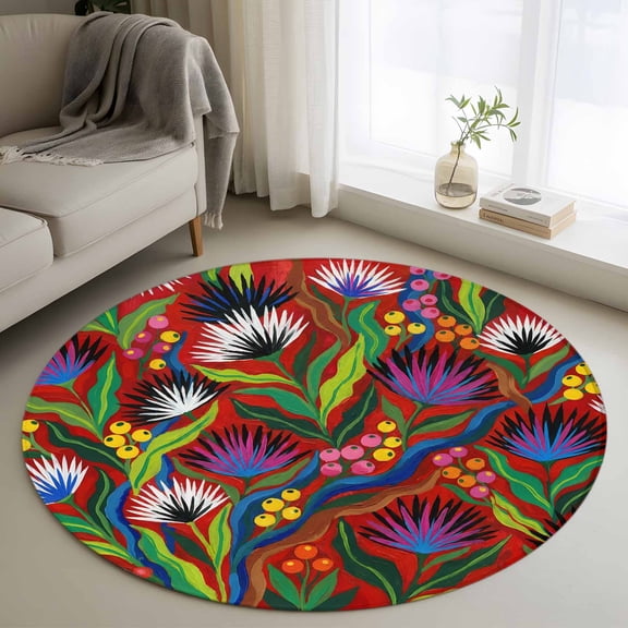 Abstract Flowers Round Area Rug 4ft, Spring Botanical Floral Leaf Plant Red Washable Non-Slip Circle Rugs for Bedroom Living Room Kitchen, Soft Non Shedding Circle Carpet for Dining Room Dorm
