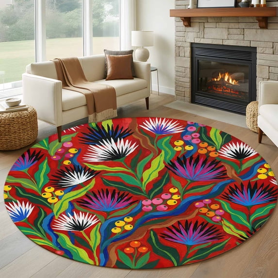 Abstract Flowers Round Area Rug 7Ft Washable Circle Rugs for Dorm Laundry Room, Spring Botanical Floral Leaf Plant Red Non-Slip Carpet Floor Mats Indoor Outdoor Carpet Runner Aesthetic Home Decor