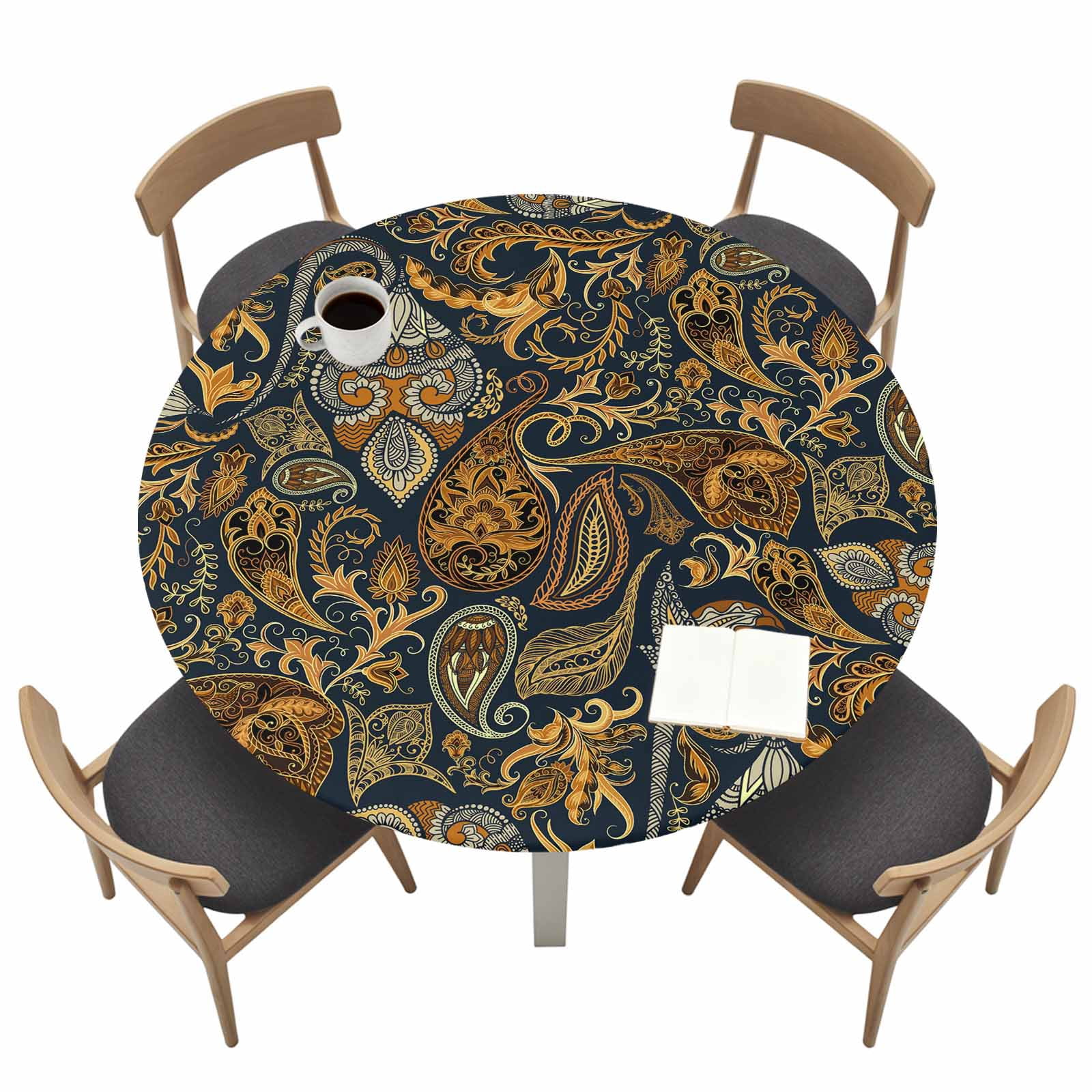 Abstract Flowers Round Fitted Tablecloth with Elastic Edge Retro ...