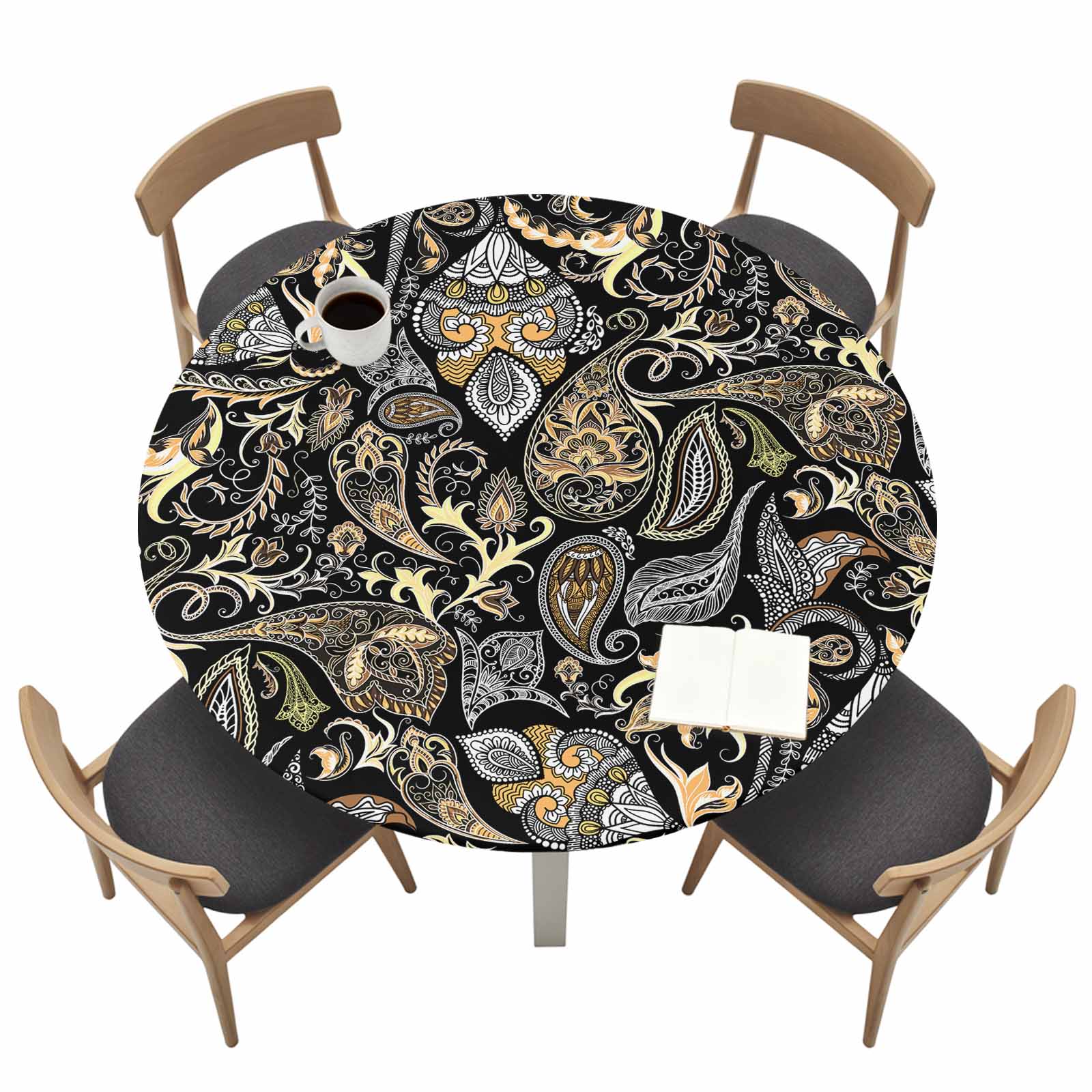 Abstract Flowers Round Fitted Tablecloth with Elastic Edge Retro ...