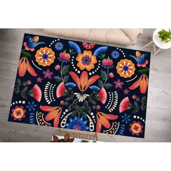 Abstract Flowers Rugs, Blue Flowers Rug, Flower Rugs, Runner Rug, Corridor Rug, 3D Printeds Rug, Handmade Gift, Non Slip Rug, Trendy Rug, 1.7'x2.3' - 50x70 cm
