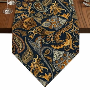Abstract Flowers Table Runner for Dining Room, Retro Paisley Floral Pattern Black Orange Cotton Linen Dining Table Runner Tablecloth Dresser Scarves for Kitchen Cafe 13x72 Inches Long
