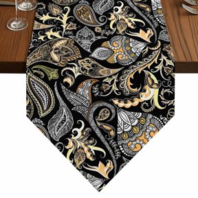 Abstract Flowers Table Runner for Dining Room, Retro Paisley Floral Pattern Black Yellow Cotton Linen Dining Table Runner Tablecloth Dresser Scarves for Kitchen Cafe 13x60 Inches Long