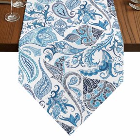 Abstract Flowers Table Runner for Dining Room, Retro Paisley Floral Pattern White Blue Cotton Linen Dining Table Runner Tablecloth Dresser Scarves for Kitchen Cafe 13x48 Inches Long