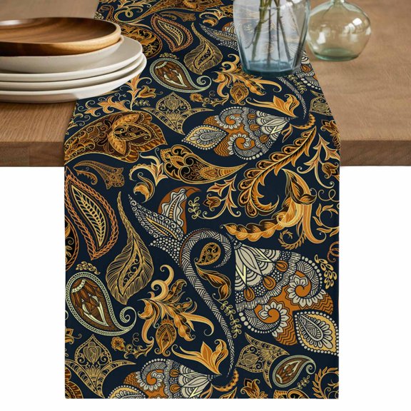 Abstract Flowers Table Runner, Retro Paisley Floral Pattern Black Orange Cotton Linen Kitchen Table Decoration Washable Dining Tabletop Runners for Home Party Decor 13x36 Inches