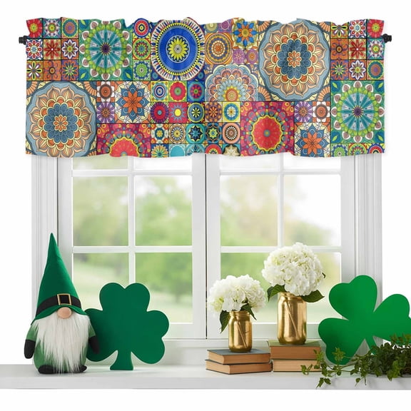 Abstract Flowers Valances for Windows, Ethnic Style Colorful Floral Countryside Rod Pocket Valance Short Window Treatments Curtains for Kitchen Bathroom Bedroom Decor, 60 x 18 Inches