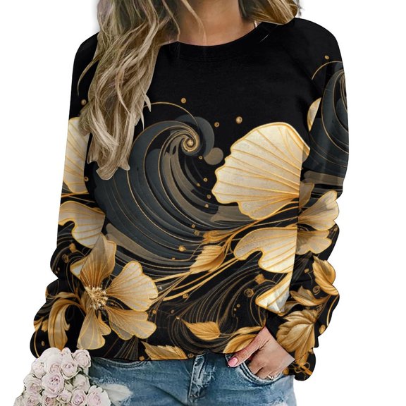 Abstract Flowers Womens Casual Crewneck Sweatshirt Long Sleeve Tops Cute Pullover Loose Fit