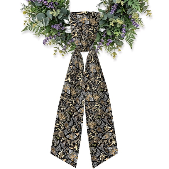 Abstract Flowers Wreath Sash for Front Door, Retro Paisley Floral Pattern Black Yellow 4.5"x56" Ribbon Wreath Sash, Holiday Bow Accessory for Yard Porch Indoor Home Decor