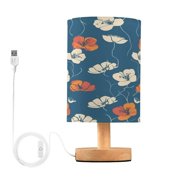 Abstract Flowers on Blue Bedside Table Lamp Desk Warm Lights with USB Charging Port Cylinder LED Lamps for Bedroom Living Room Office