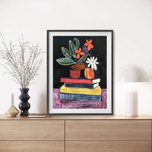 Abstract Flowers with Stack of Books Poster Inspired Art, Artful Books Stack , Home Office Library Decor, Size 12x18 UNFFRAMED F03.1.6l296