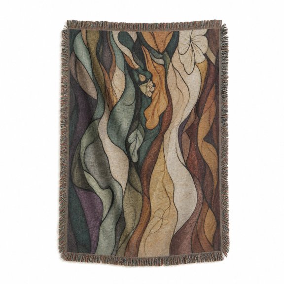 Abstract Flowing Botanical Earth Tones Woven Throw Blanket, Woven Cotton with Fringed Edges, Artistic Home Accent