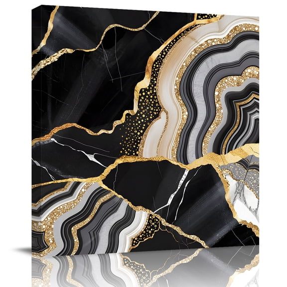 Abstract Flowing Marble Fluid Art Canvas Artwork Painting Art, Black and Gold Lines Square Framed Wall Decorations Prints Picture for Bedroom Kitchen Living Room, 8x8 in