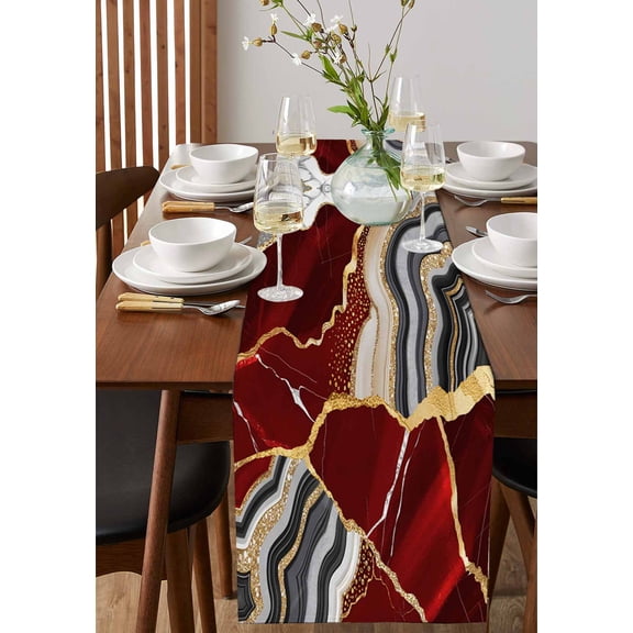 Abstract Flowing Marble Fluid Art Table Runner 13x36in Non-Slip Cotton Linen Table Runners, Red and Gold Lines Dresser Scarves TableRunner for Dinner Kitchen Dining Wedding Party