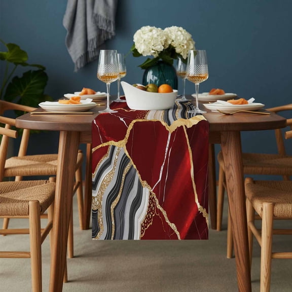 Abstract Flowing Marble Fluid Art Table Runner-36 Inch Long Red and Gold Lines Table Runners Linen Burlap Tablerunner for Kitchen Dining Room Holiday Party