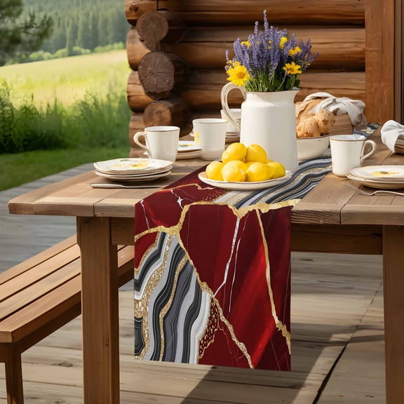 Abstract Flowing Marble Fluid Art Table Runner 70 Inch Long Red and Gold Lines Table Runners Linen Burlap Tablerunner for Kitchen Dining Room Holiday Party