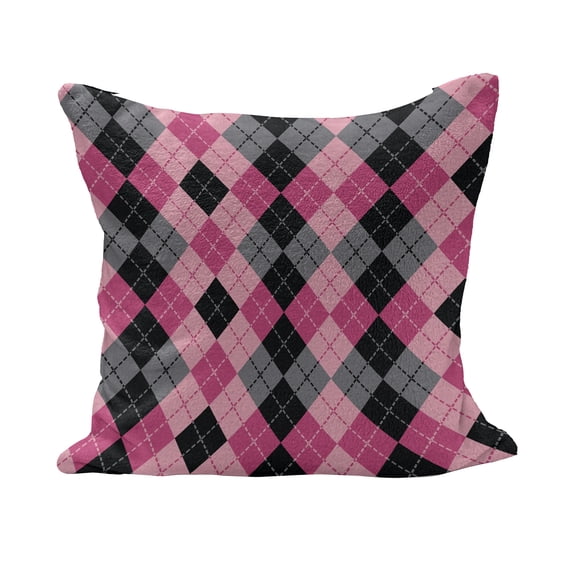 Abstract Fluffy Throw Pillow Cushion Cover, Argyle Motif with Diamonds and Lozenges Infinite Symmetric Stripes Image, Decorative Square Pillow Case, 28" x 28", Pale Pink Black Grey, by Ambesonne