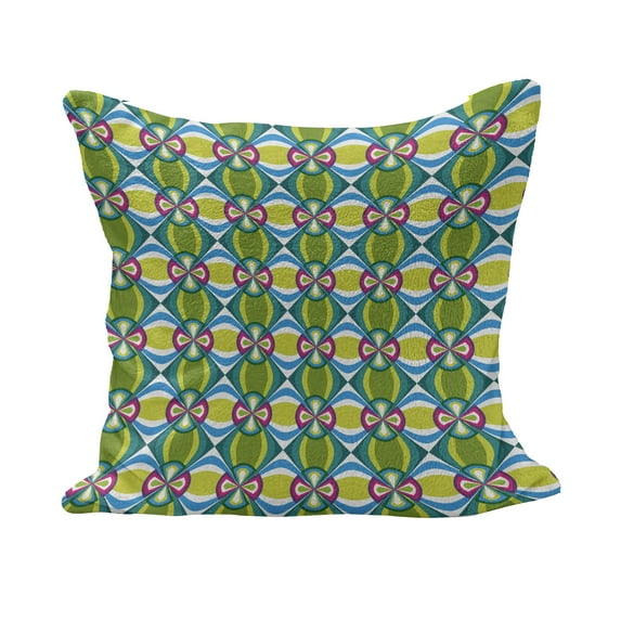 Abstract Fluffy Throw Pillow Cushion Cover, Geometric Checked Pattern with Floral Motifs Elliptic Curvy Details Tile Design, Decorative Square Accent Pillow Case, 24" x 24", Multicolor, by Ambesonne