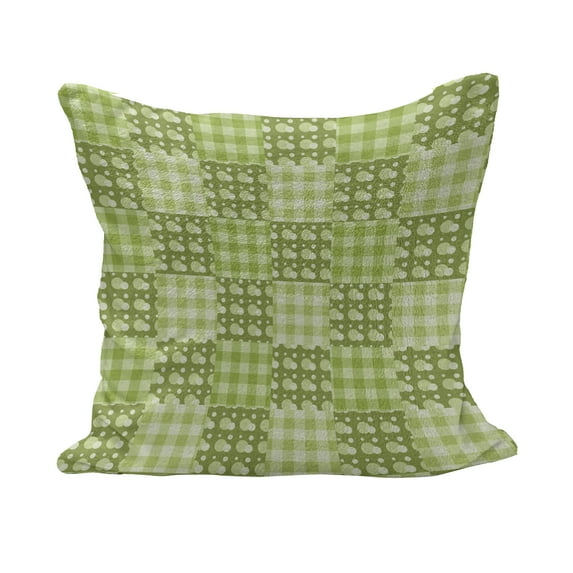 Abstract Fluffy Throw Pillow Cushion Cover, Polka Dots and Checkered Pattern Textured Patchwork Simplistic Art, Decorative Square Accent Pillow Case, 16" x 16", Lime and Pale Green, by Ambesonne