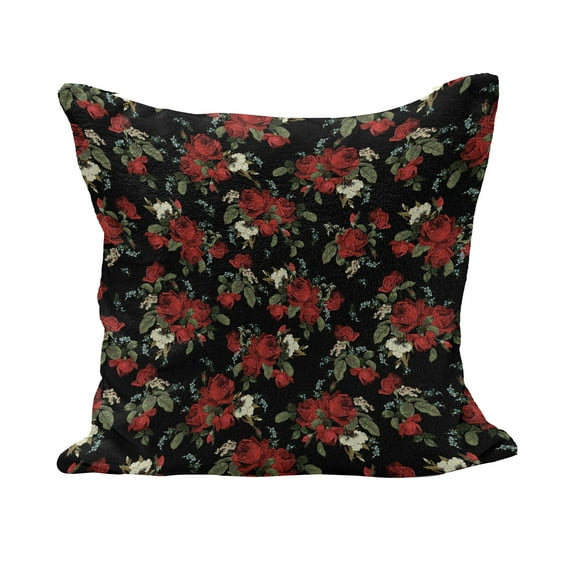 Abstract Fluffy Throw Pillow Cushion Cover, Shabby Form Garden Farm Flowers Leaves Roses and Violets Design, Decorative Square Accent Pillow Case, 40" x 40", Olive Green Black Red, by Ambesonne