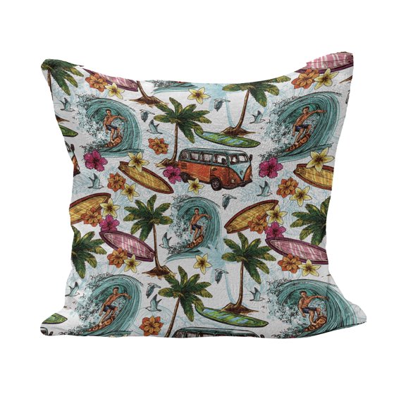 Abstract Fluffy Throw Pillow Cushion Cover, Surf Themed Vibrant Image Vintage Van and Flower Arrangement Seagulls Action Hobby, Decorative Square Pillow Case, 20" x 20", Multicolor, by Ambesonne