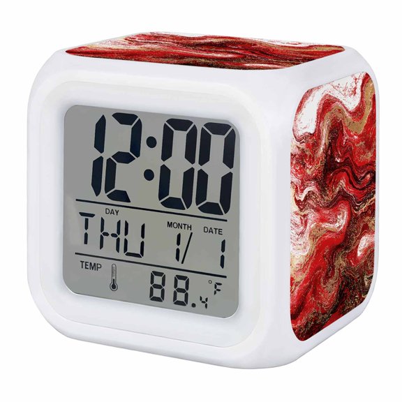 Abstract Fluid Alarm Clock, Vintage Gold Red Marble Texture Digital Clock Night Light with 7 Color, Calendar Temperature Display, LED Desk Small Clock for Bedrooms Bedside Living Room