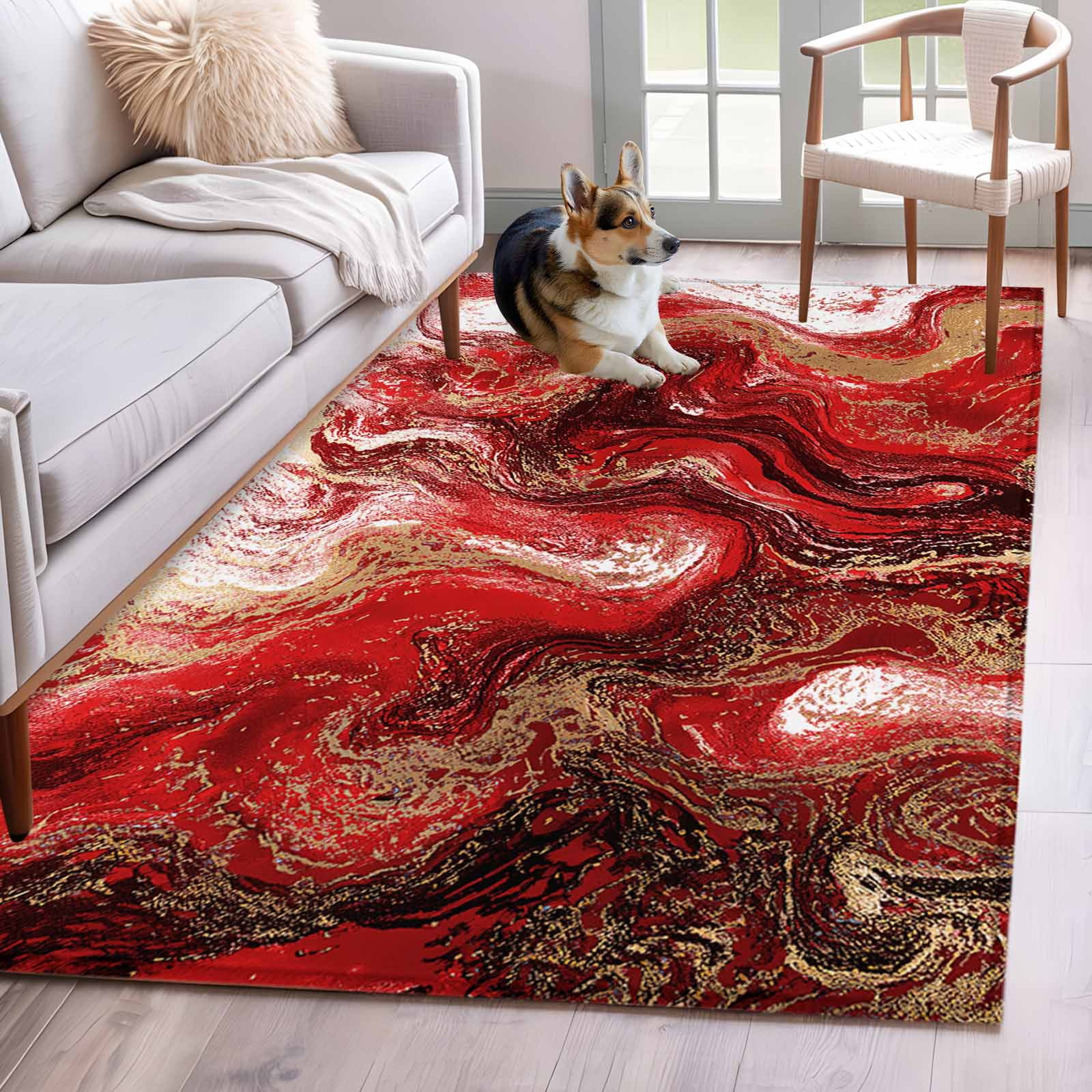 Abstract Fluid Area Rugs 3x5 ft Vintage Gold Red Marble Texture ...