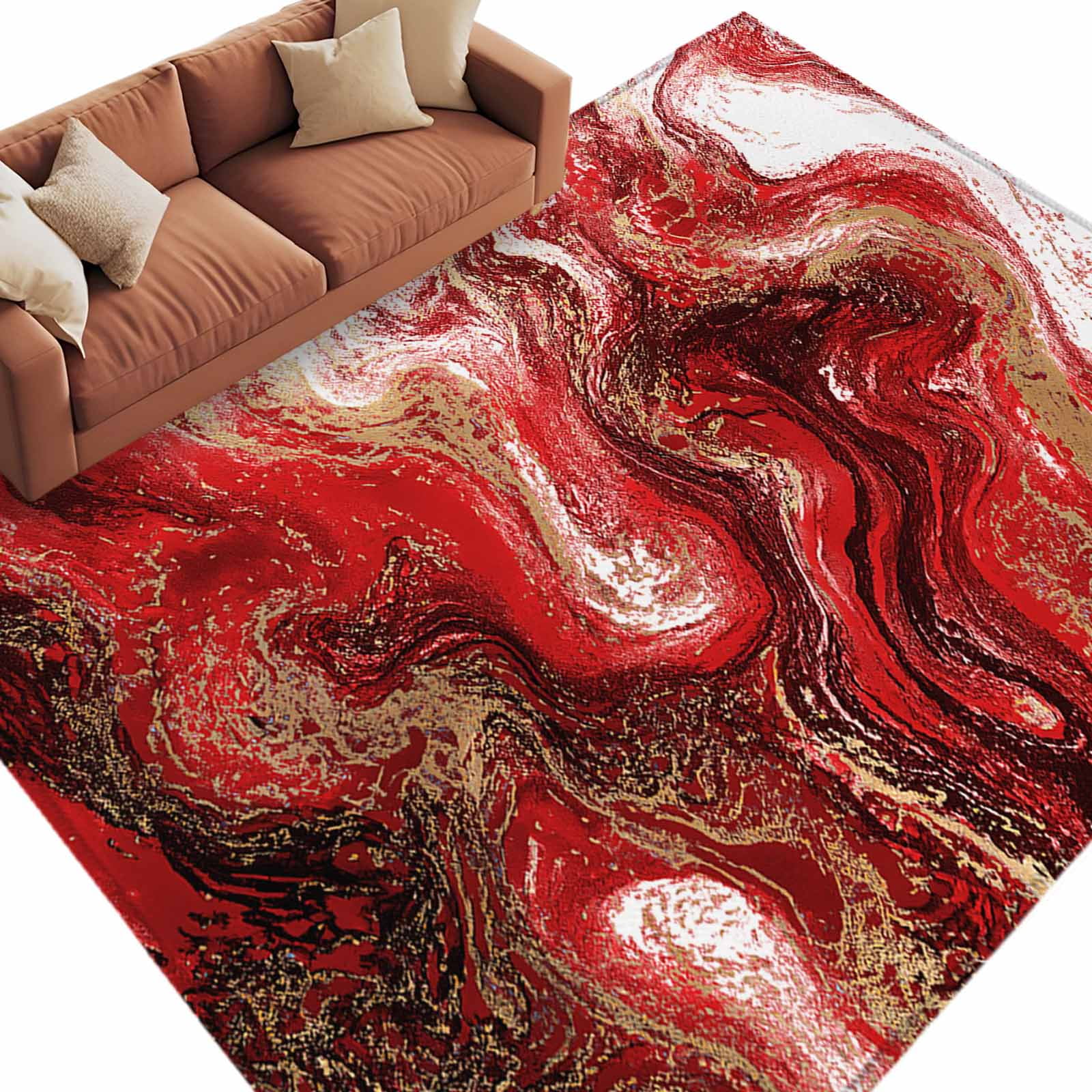 Abstract Fluid Area Rug 5x8ft Vintage Gold Red Marble Texture Non-Slip ...