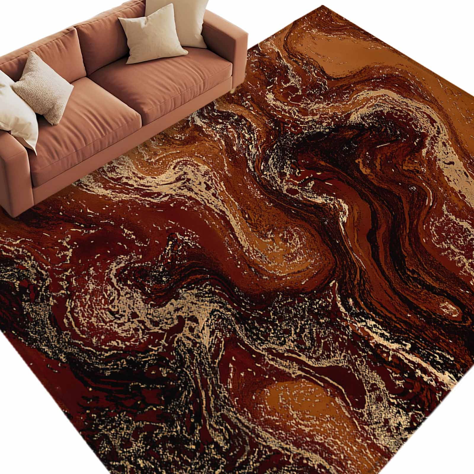 Abstract Fluid Area Rug 6x9ft Vintage Gold Brown Marble Texture Non ...