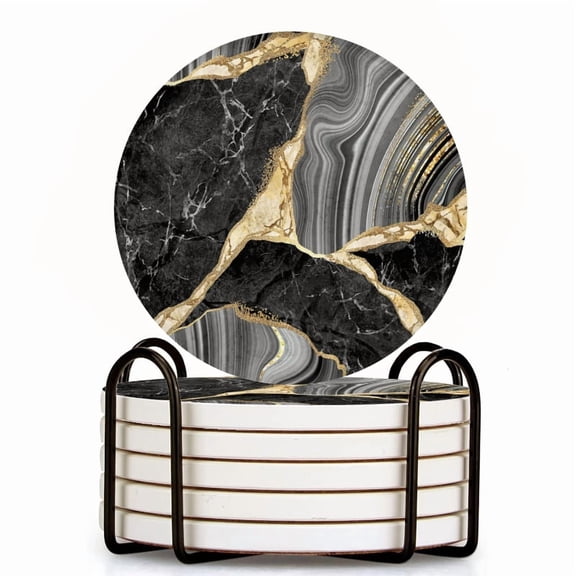 Abstract Fluid Art Black Gold Vein Coasters, Set of 6 Ceramic Coasters for Coffee Table Decor, Absorbent Ceramic Drink Coasters with Cork Backing for Table Protection