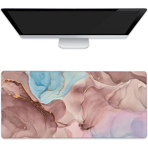 Abstract Fluid Art Extended Gaming Mouse Pad Transparent Waves and Golden Swirls Large Mouse Pad with Stitched Edges Anti-Slip Rubber Base Mouse Mat Desk Pad for Gaming and Office 35.4" x 15.7"