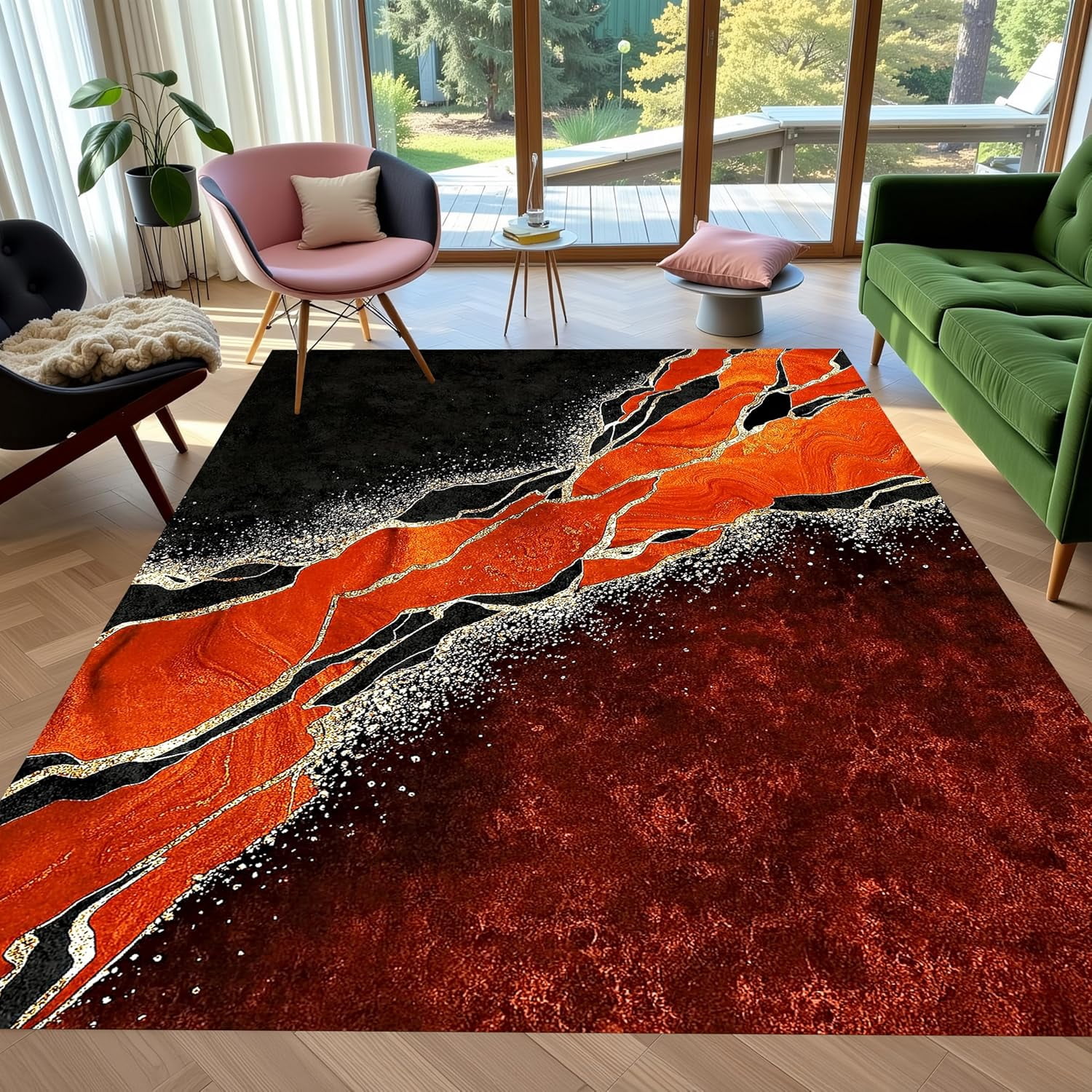 Abstract Fluid Art Marble Black Orange Gold Area Rug, Modern Boho ...