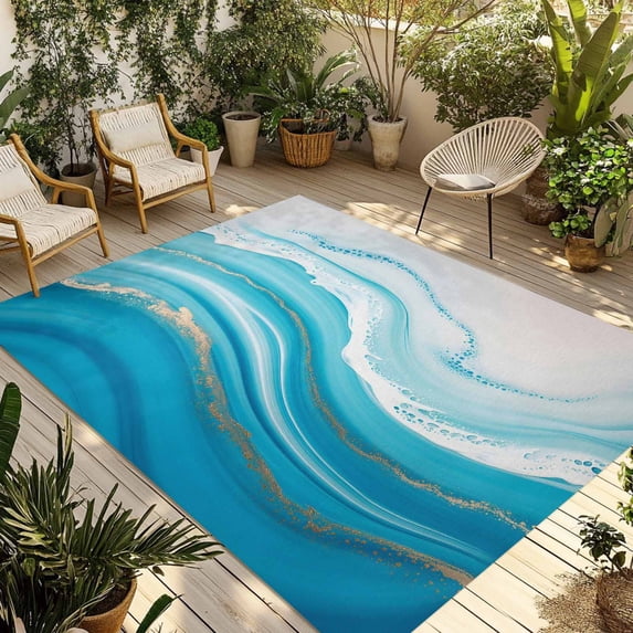 Abstract Fluid Art Outdoor Rug, Blue Gradient Mottled Oil Painting Non ...